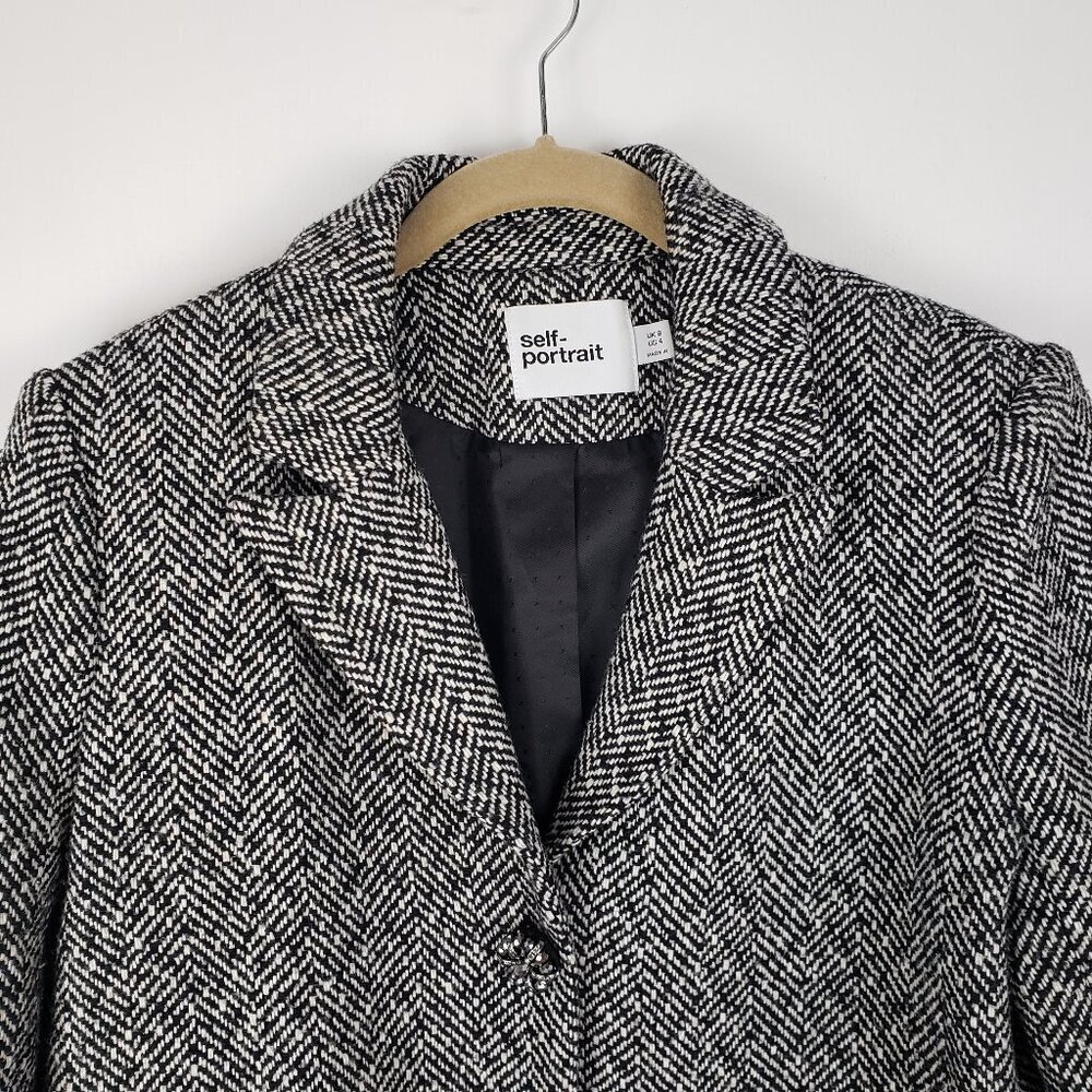Self Portrait Black Herringbone Tweed Blazer Jacket Jewel 3-Button Womens Us 4 View 3
